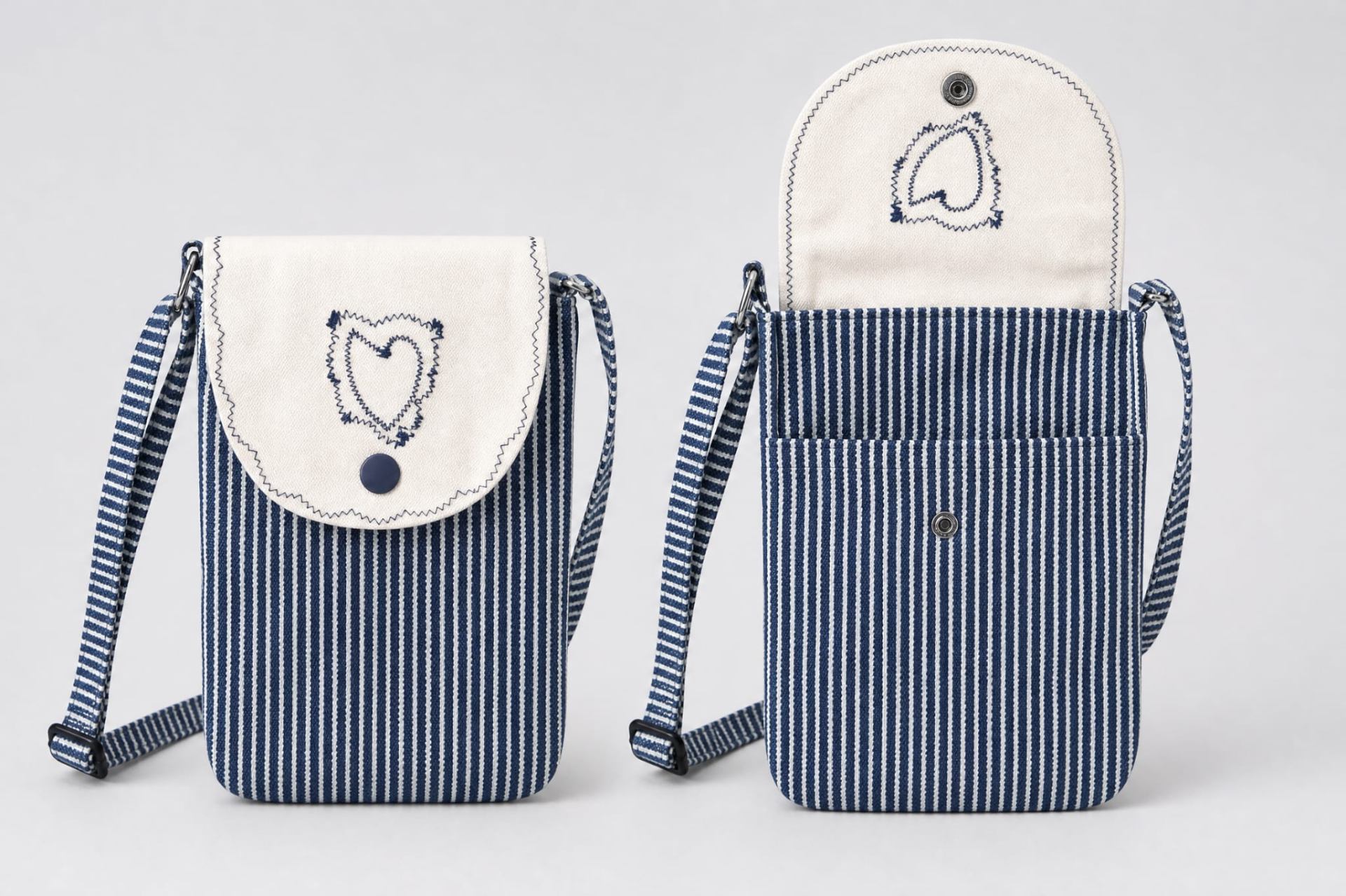 Striped crossbody bag with embroidered heart
