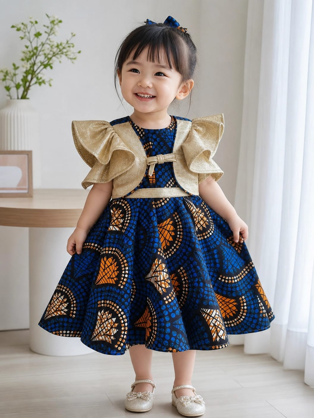 Little girl's African print dress with gold bolero