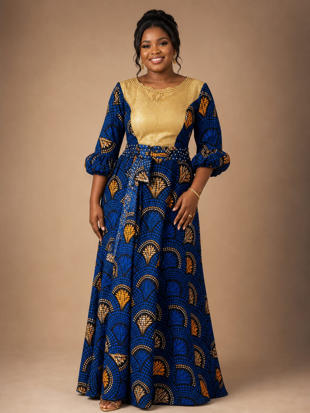 Handmade African print maxi dress in blue and gold